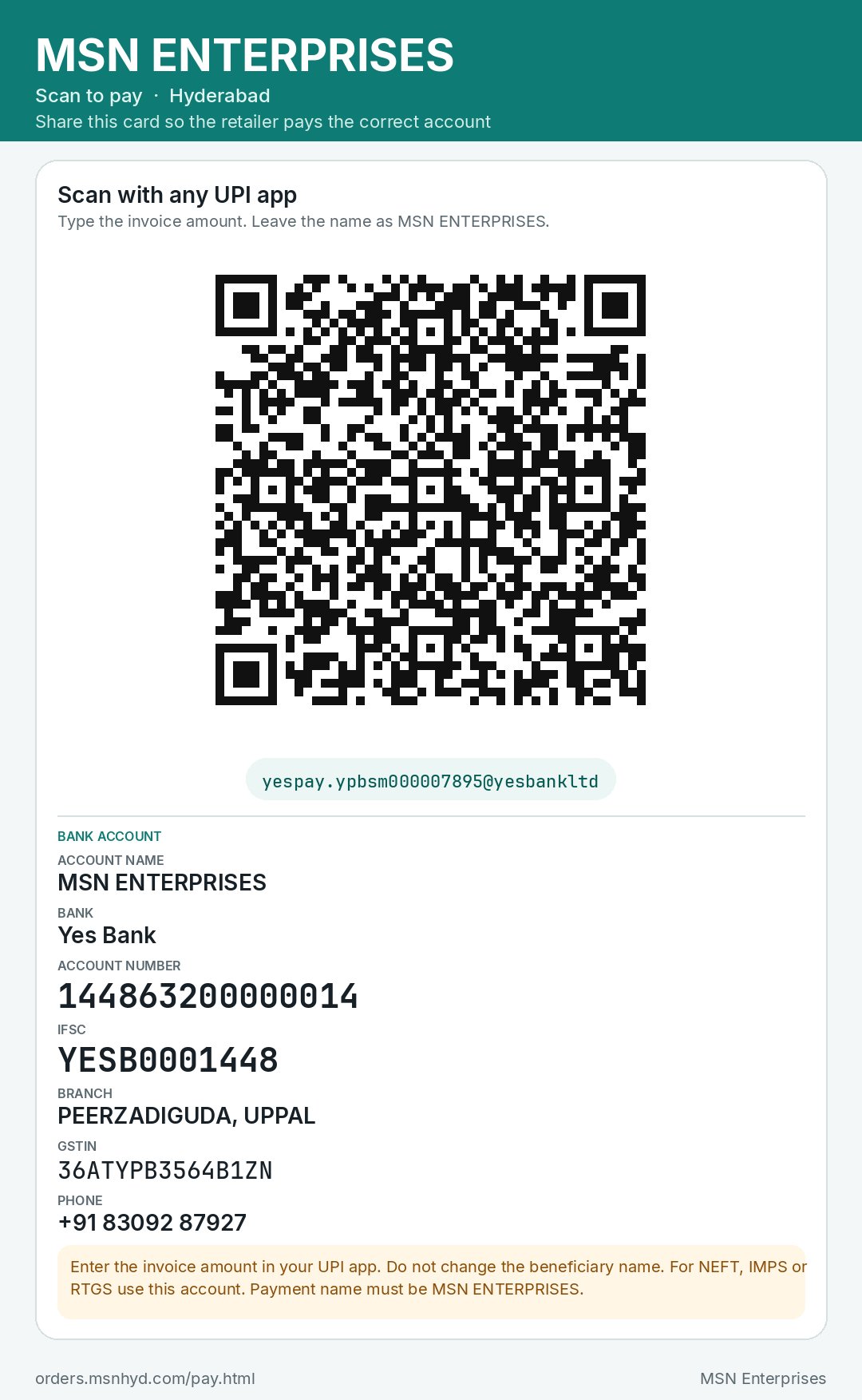 MSN Enterprises payment scanner with Yes Bank account number 144863200000014 and IFSC YESB0001448